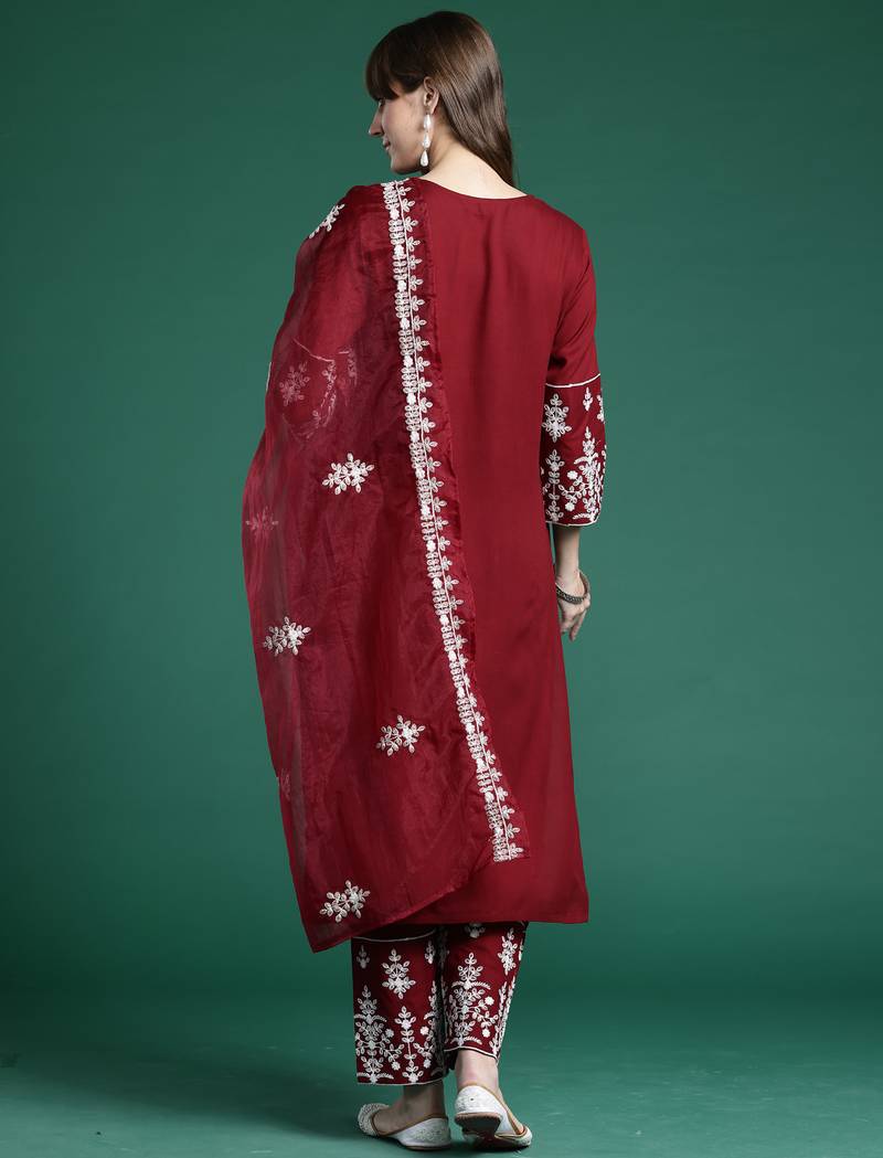 Maroon embroidered viscose rayon kurta trouser dupatta set
