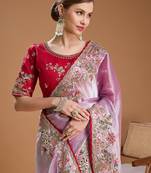 Purple embellished embroidered tissue border saree with unstiched blouse