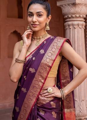 Megenta katan silk woven saree with blouse 2