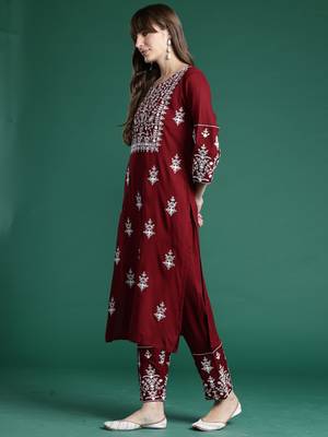 Maroon embroidered viscose rayon kurta trouser dupatta set 3