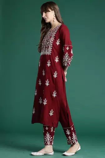 Maroon embroidered viscose rayon kurta trouser dupatta set