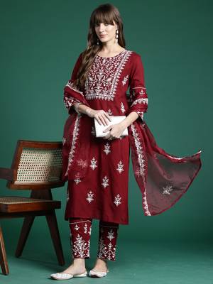Maroon embroidered viscose rayon kurta trouser dupatta set 4
