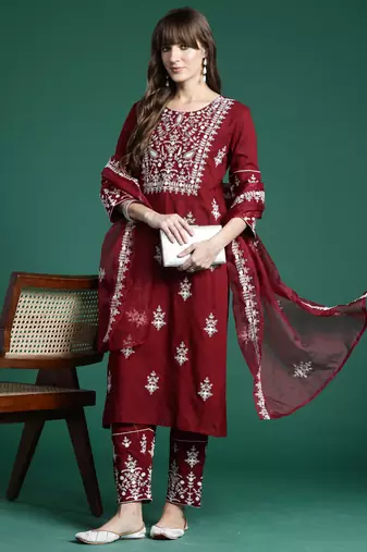 Maroon embroidered viscose rayon kurta trouser dupatta set