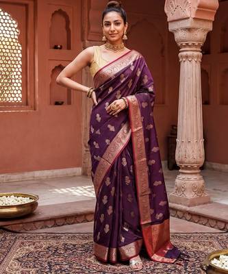 Megenta katan silk woven saree with blouse 1