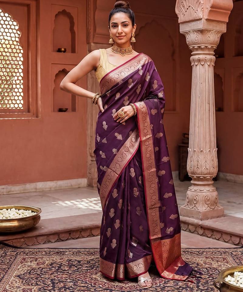 Megenta katan silk woven saree with blouse
