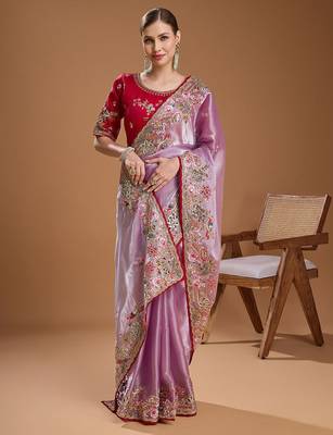 Purple embellished embroidered tissue border saree with unstiched blouse 5