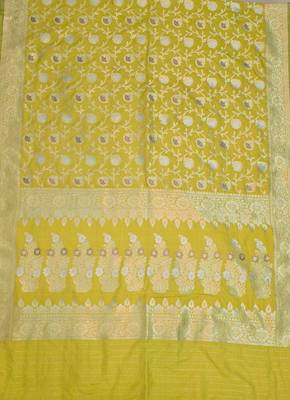 Lime green katan silk woven saree with blouse 2