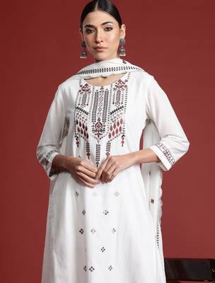 White embroidered pure cotton kurta trouser dupatta set 1
