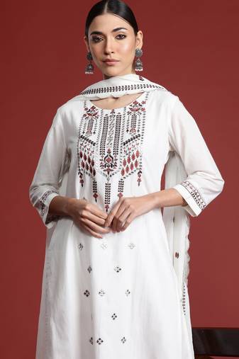 White embroidered pure cotton kurta trouser dupatta set