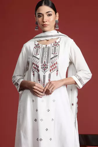 White embroidered pure cotton kurta trouser dupatta set
