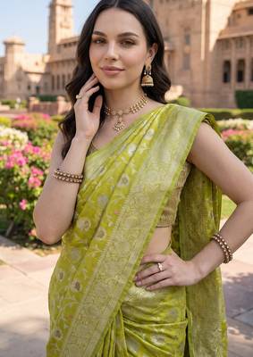 Lime green katan silk woven saree with blouse 3