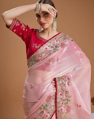 Pink embellished embroidered tissue border saree with unstiched blouse 1