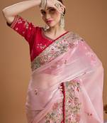 Pink embellished embroidered tissue border saree with unstiched blouse
