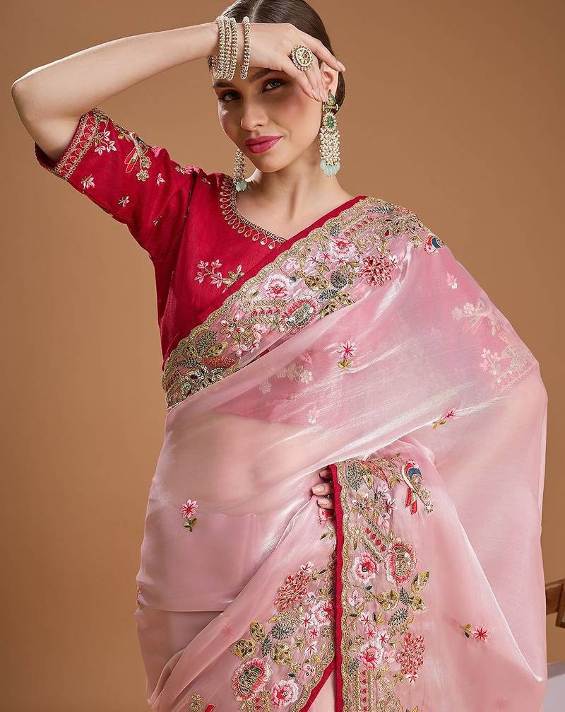 Pink embellished embroidered tissue border saree with unstiched blouse