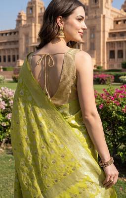Lime green katan silk woven saree with blouse 4
