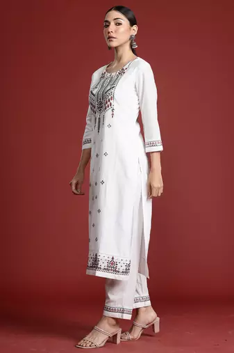 White embroidered pure cotton kurta trouser dupatta set