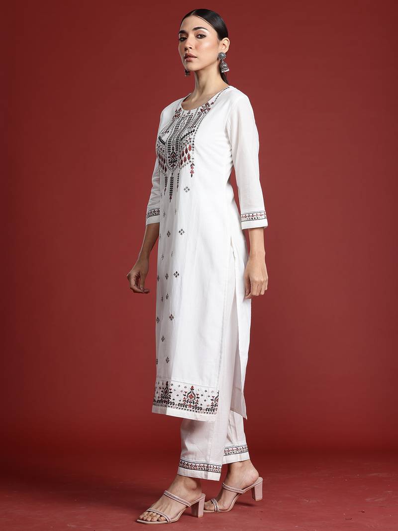 White embroidered pure cotton kurta trouser dupatta set