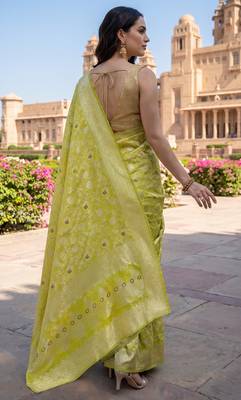 Lime green katan silk woven saree with blouse 5