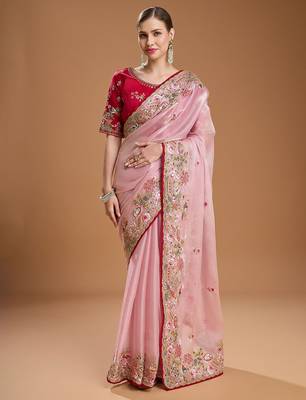 Pink embellished embroidered tissue border saree with unstiched blouse 2