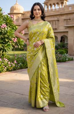 Lime green katan silk woven saree with blouse 1