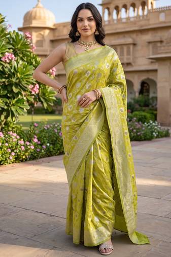 Lime green katan silk woven saree with blouse