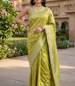 Lime green katan silk woven saree with blouse