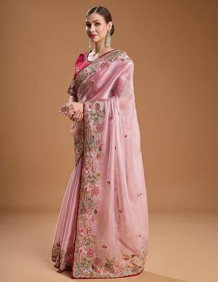 Pink embellished embroidered tissue border saree with unstiched blouse 3