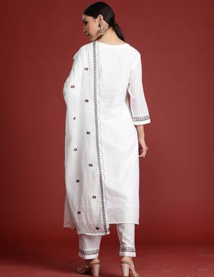 White embroidered pure cotton kurta trouser dupatta set 3