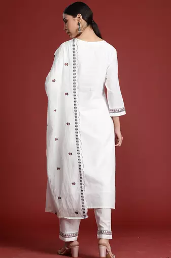 White embroidered pure cotton kurta trouser dupatta set