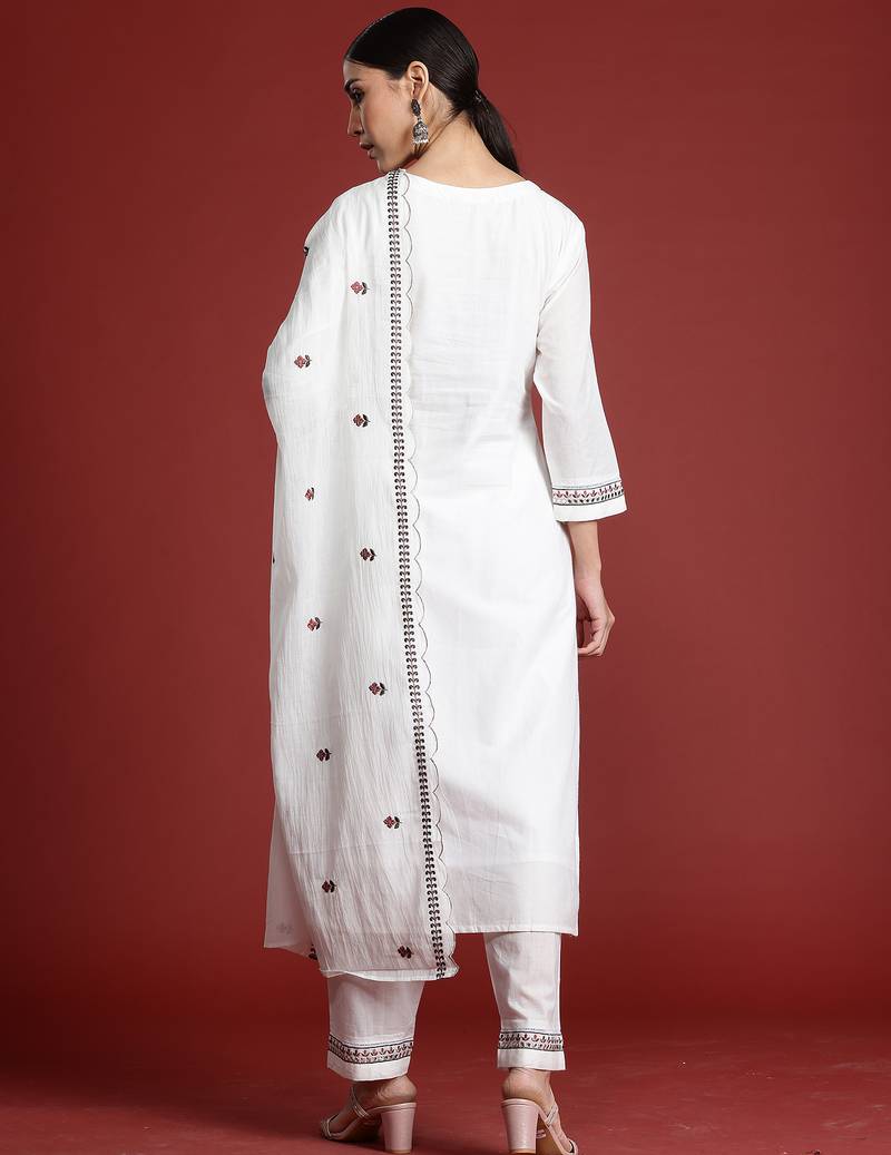 White embroidered pure cotton kurta trouser dupatta set