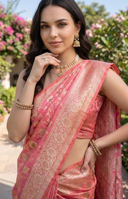 Pink katan silk woven saree with blouse 3