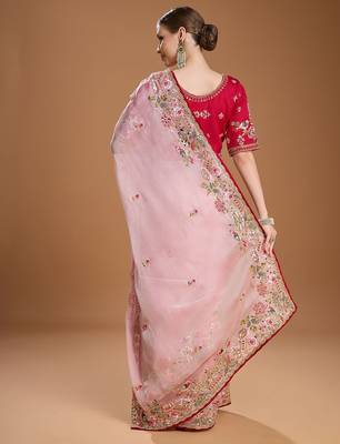 Pink embellished embroidered tissue border saree with unstiched blouse 4