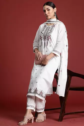 White embroidered pure cotton kurta trouser dupatta set