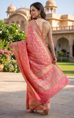 Pink katan silk woven saree with blouse 5