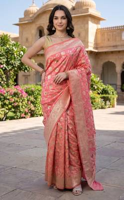 Pink katan silk woven saree with blouse 1