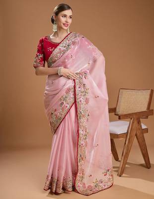 Pink embellished embroidered tissue border saree with unstiched blouse 5