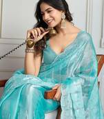 Turquoise embellished embroidered saree