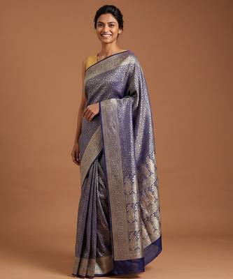 Navy blue satin woven saree with blouse 1