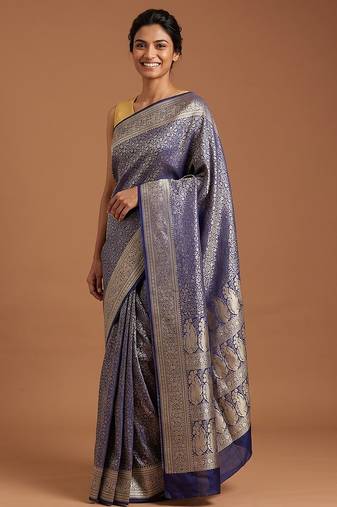 Navy blue satin woven saree with blouse