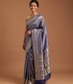 Navy blue satin woven saree with blouse