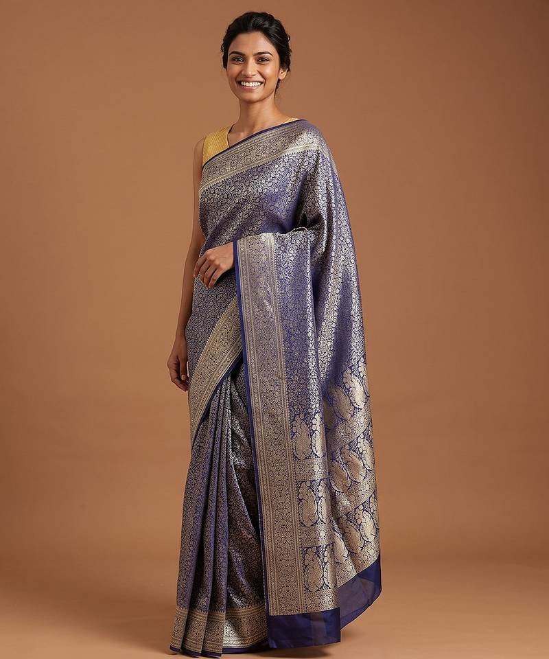 Navy blue satin woven saree with blouse