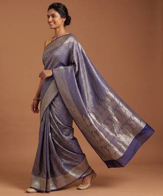 Navy blue satin woven saree with blouse 3