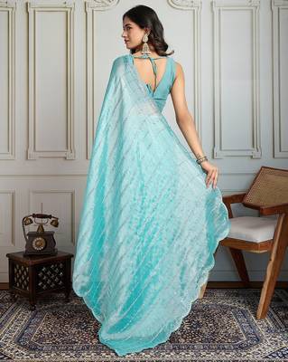 Turquoise embellished embroidered saree 4