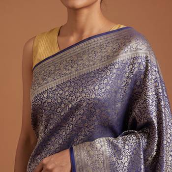 Navy blue satin woven saree with blouse 4