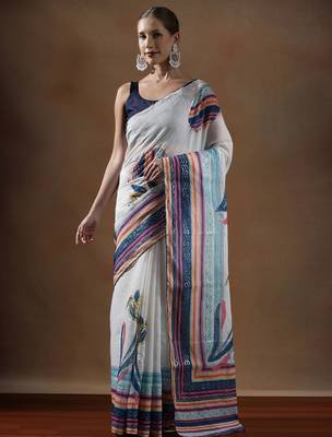 White printed cotton sarees 1