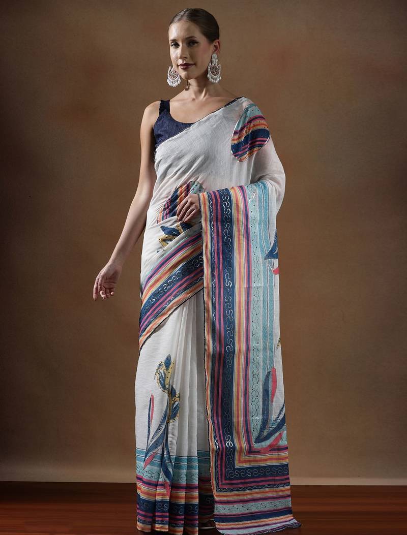 White printed cotton sarees