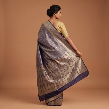 Navy blue satin woven saree with blouse 5