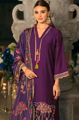Purple embroidered silk blend kurta trouser dupatta set