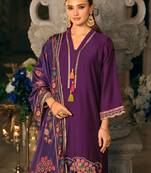 Purple embroidered silk blend kurta trouser dupatta set