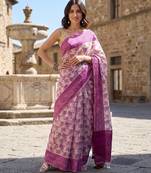 Magenta blended cotton woven saree with blouse